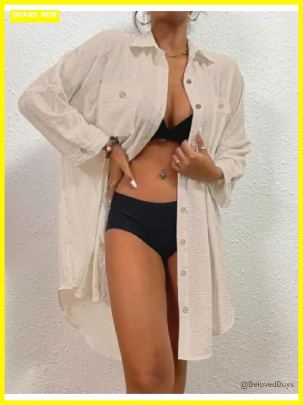 Womens Modern Swimsuit Cover Up Blouse Button Down Shirt Dressy Beach Tunic